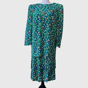 VINTAGE CLASSIQUE  GREEN TWO PIECE COLORFUL POLKA-DOTED DRESS